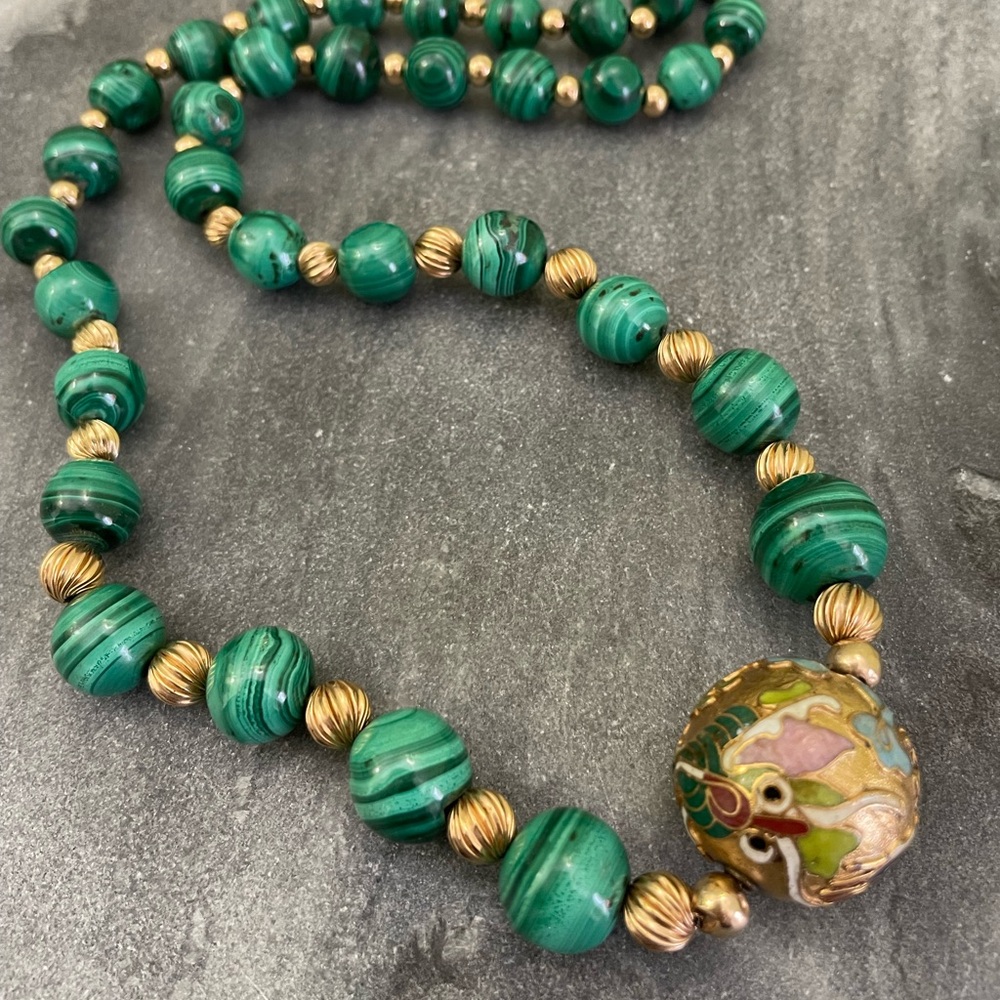 Vintage Malachite Gemstone Cloisonné Dragon Necklace - Picture 10 of 14